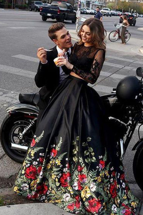 Prom Dresses Black Lace Floral Print ...